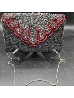 Vtg DeLill Hand Beaded Evening Clutch Bag Black Red Scalloped Flap Art Deco 8x5